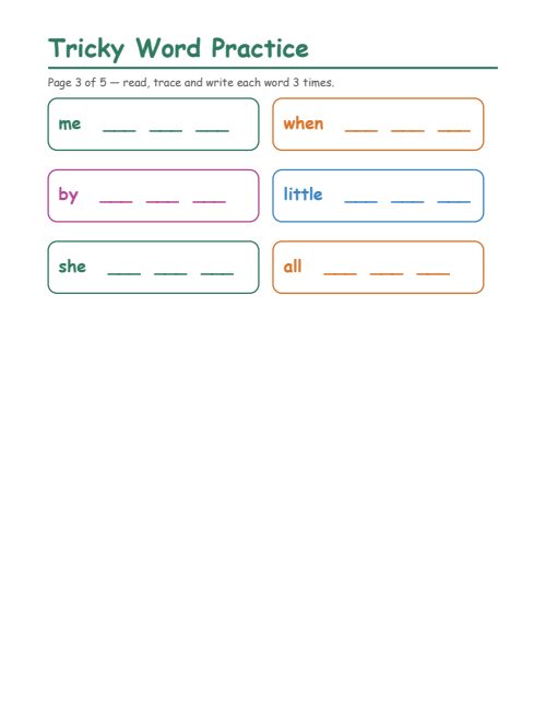 Tricky Word Practice, page 3