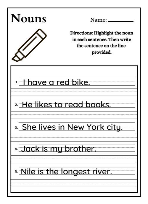 Nouns Worksheet, page 3