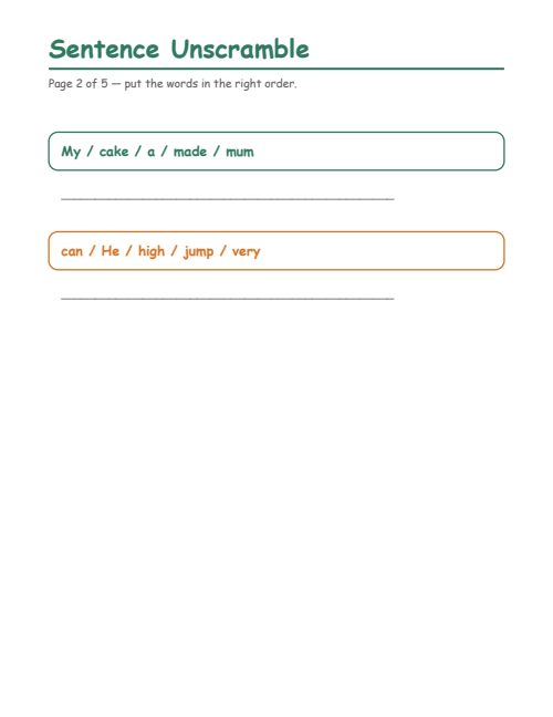 Sentence Unscramble, page 2