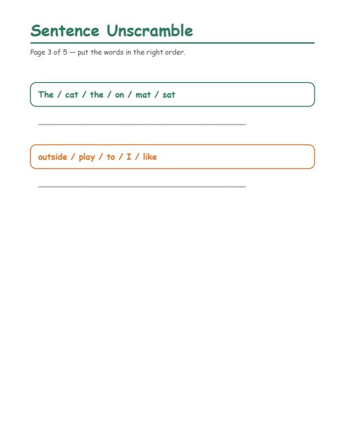 Sentence Unscramble, page 3
