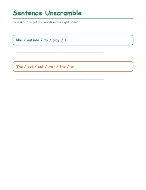 Sentence Unscramble, page 4