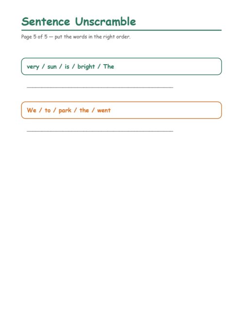 Sentence Unscramble, page 5