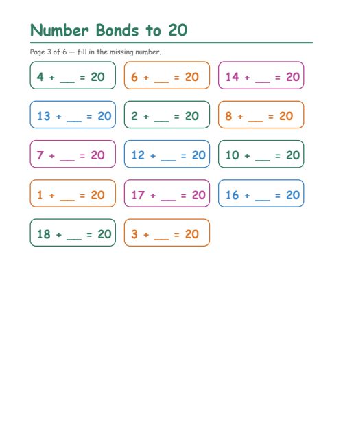 Number Bonds to 20, page 3