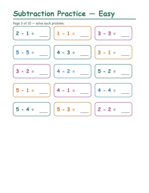 Subtraction — Easy, page 3