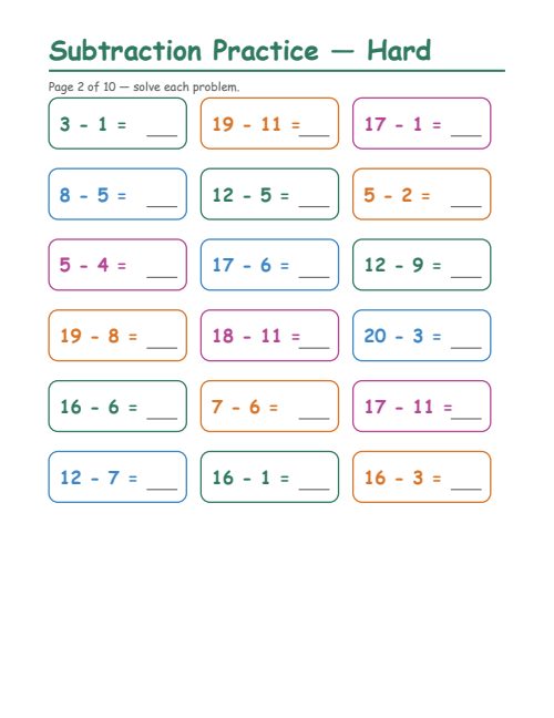 Subtraction — Hard, page 2