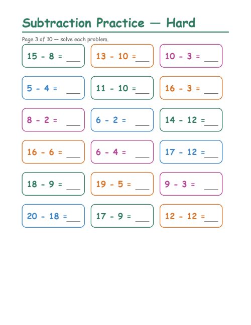 Subtraction — Hard, page 3