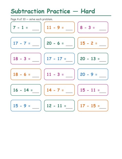 Subtraction — Hard, page 4