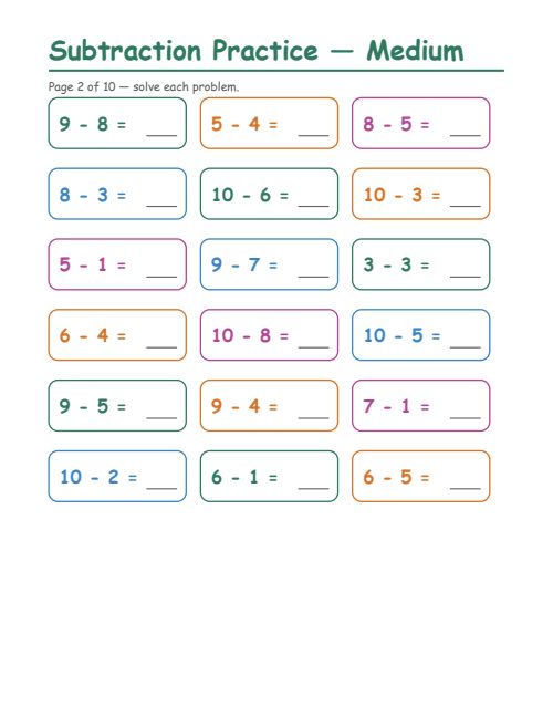 Subtraction — Medium, page 2