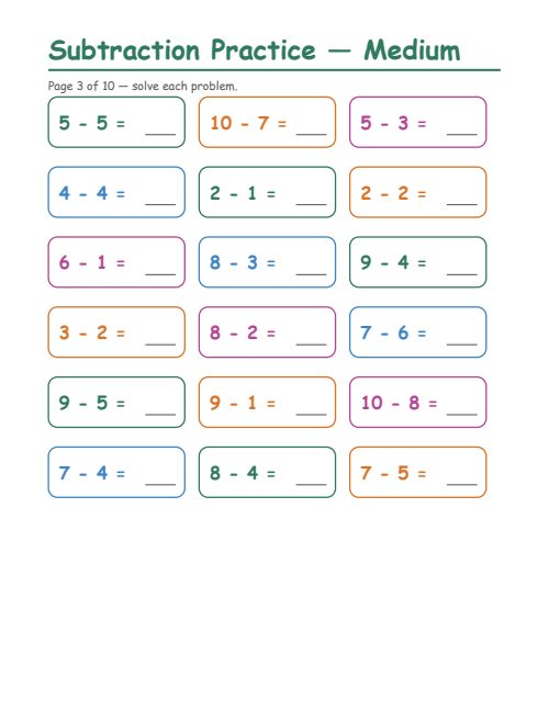 Subtraction — Medium, page 3