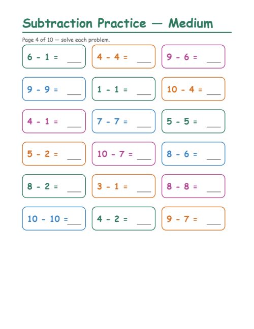 Subtraction — Medium, page 4
