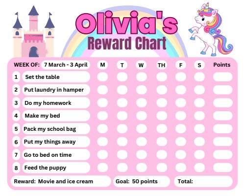 Unicorn Reward Chart — Worksheet 1